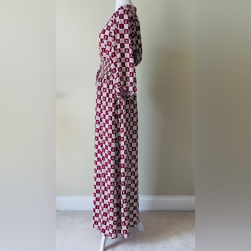Elegant Red and White Patterned 3/4 Sleeve Maxi Dress Size XL - Picture 2 of 4